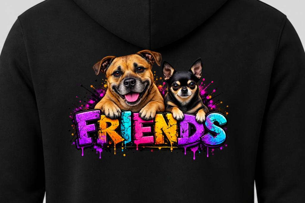 Schwarzer Hoodie mit dem farbigen Friends-Hundemotiv